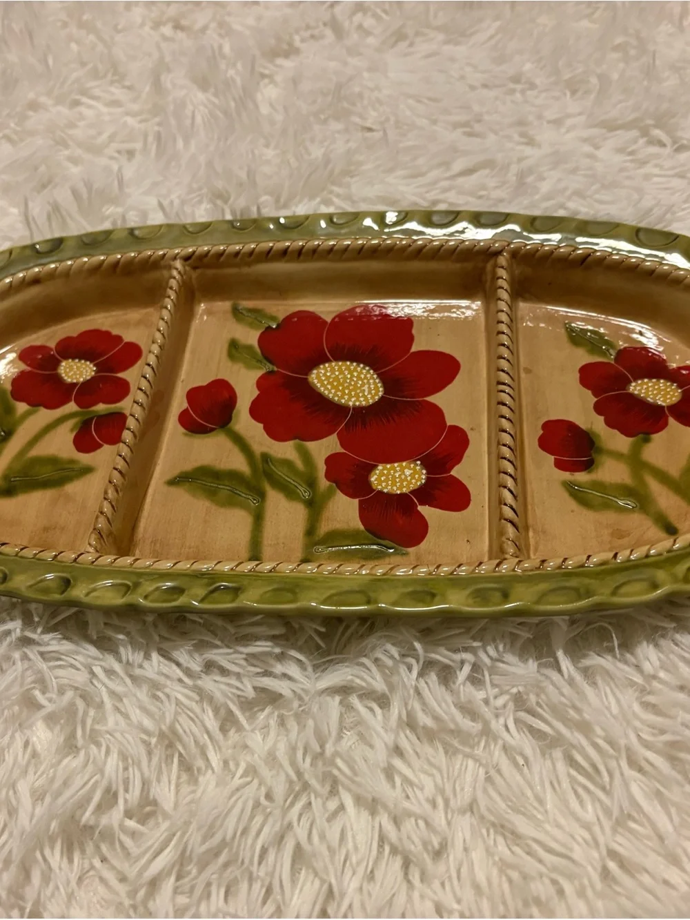 Hand-Painted Floral Ceramic Serving Tray - Red & Green